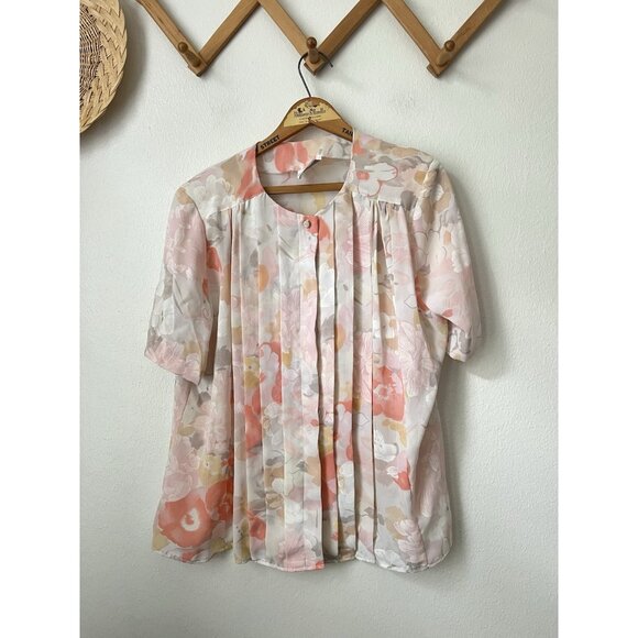 80s pastel floral pleat front short sleeve button blouse polyester L - Picture 2 of 6